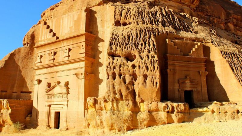 Madain Saleh (Hegra) UNESCO World Heritage site with ancient Nabatean tombs and rock inscriptions.