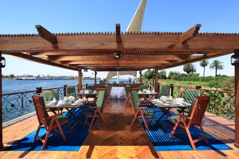 Open‑air sundeck with heated jacuzzi aboard Merit Dahabiya Nile Cruise