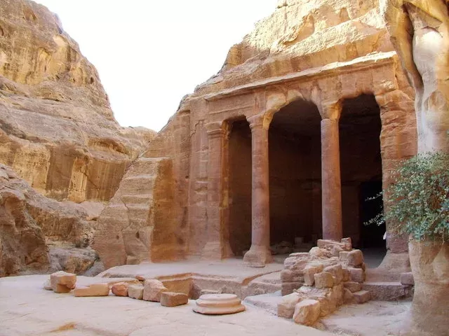 The iconic Treasury of Petra carved into rose-red cliffs in Jordan.