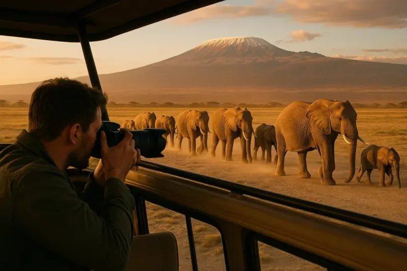Safari jeep exploring wildlife in 3-Day Amboseli Safari from Nairobi.