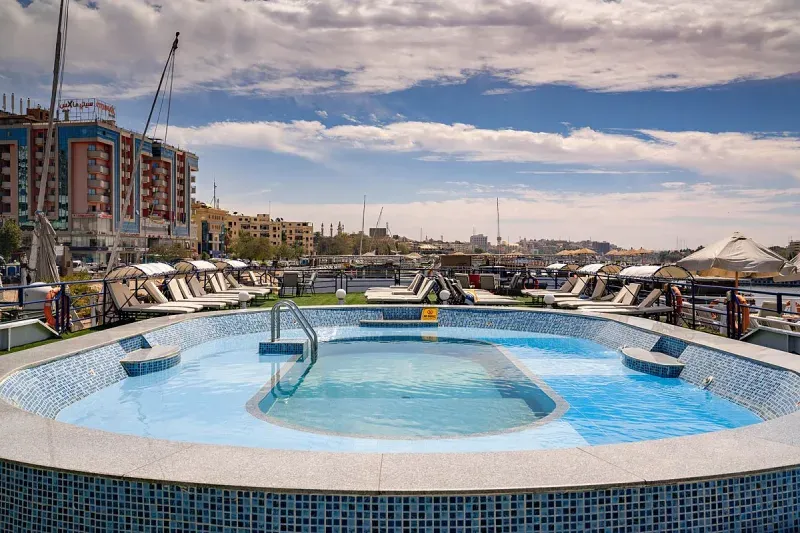 Kira Nile Cruise swimming pool with Nile River scenery