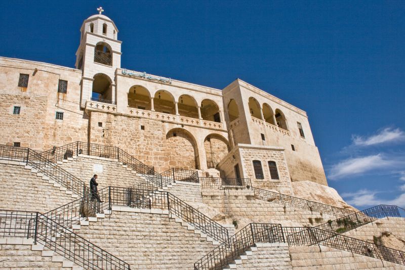 Panoramic view of Seidnaya village in Syria, known for its ancient monasteries on the mountainside.
