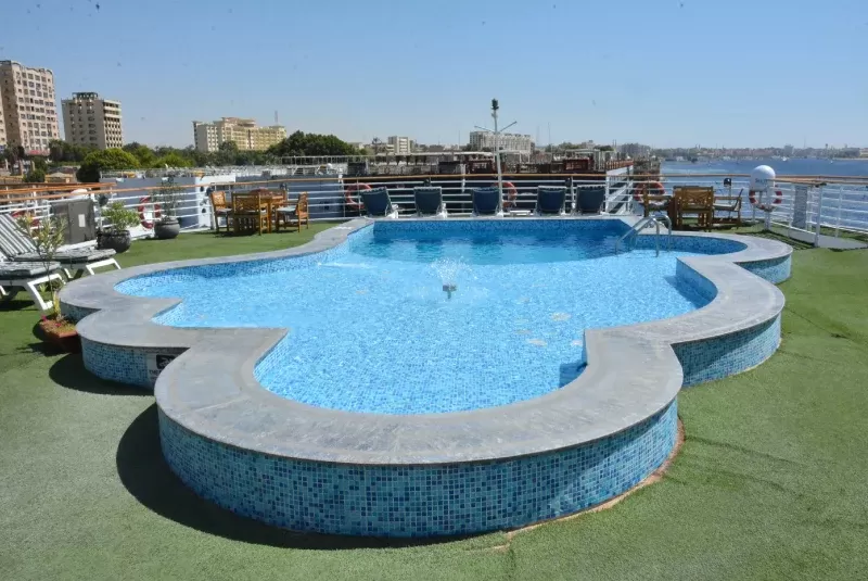 Experience luxury and leisure at the swimming pool on the Blue Shadow I Nile Cruise