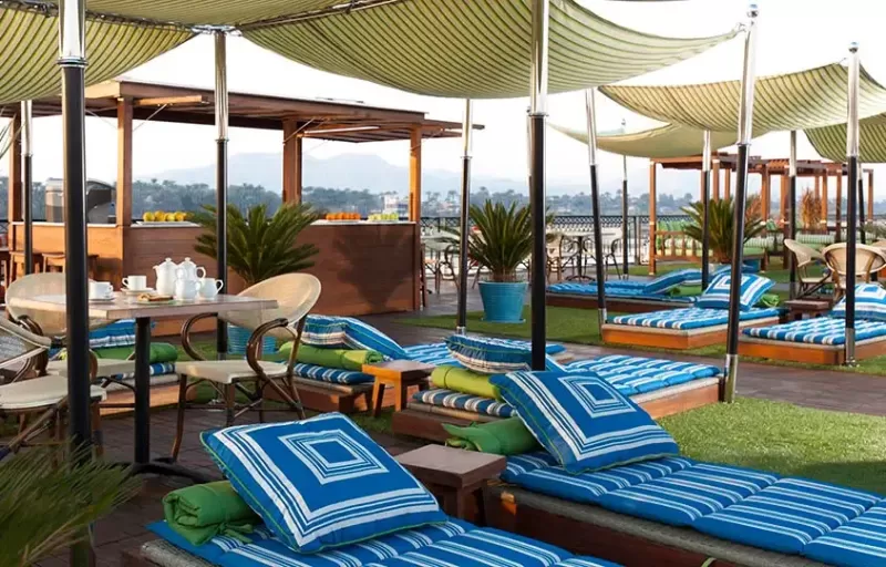 Relax on the sun deck of MS Farah Nile Cruise – enjoy panoramic Nile views and a refreshing poolside atmosphere.