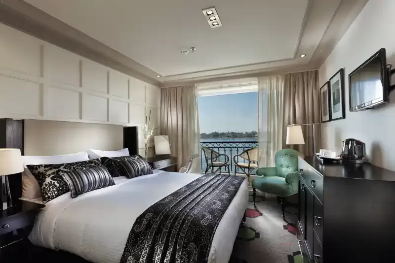 Executive cabin interior aboard MS Mayfair Nile Cruise – sleek design with large panoramic window