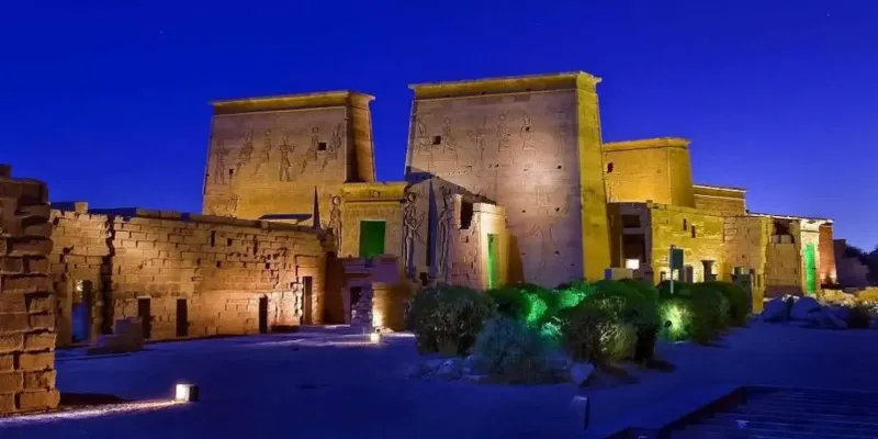 Best Sound and Light Show at Philae Temple in Aswan Egypt with illuminated temples and Nile River views