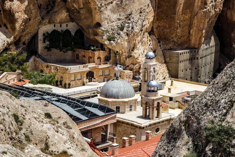 Christian village of Maaloula with stone houses and historic churches nestled in the mountains of Syria.