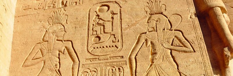 Ancient hieroglyphs and wall carvings inside Abu Simbel Temple in Egypt