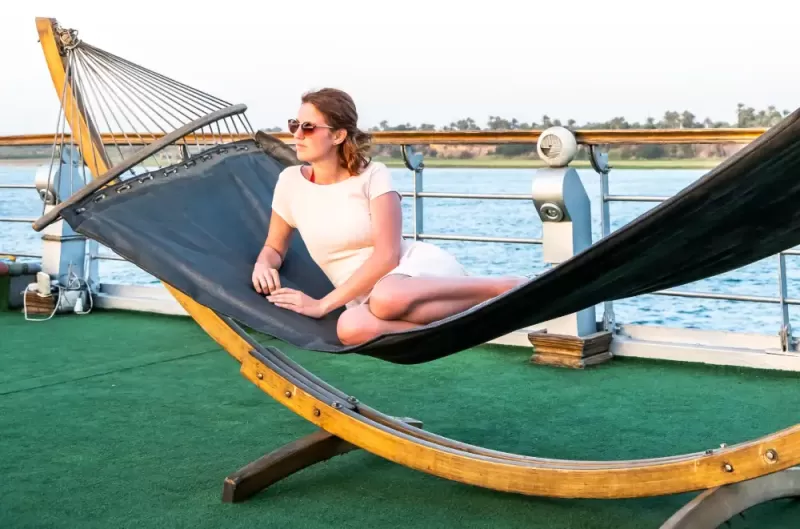 Luxury sun deck with pool and sun loungers on Steigenberger Minerva Nile Cruise