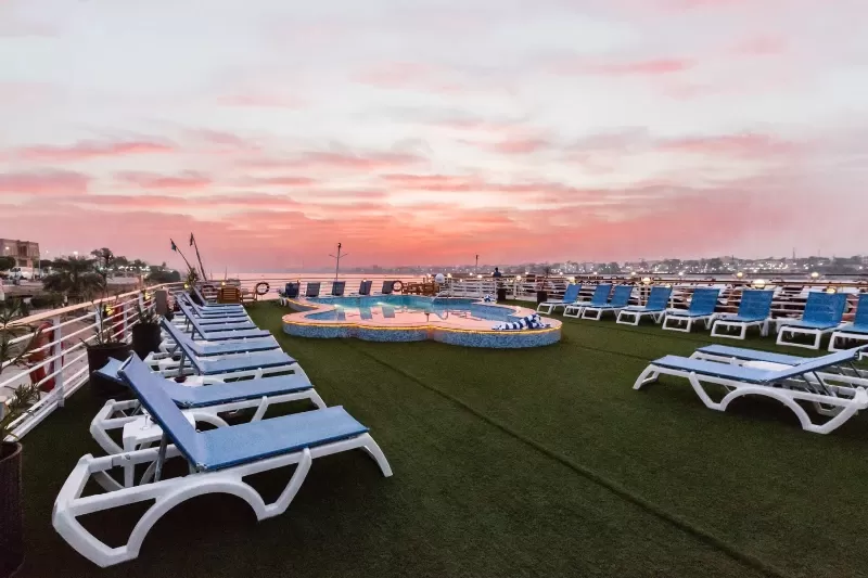 Enjoy a refreshing swim in the sun deck pool aboard the Blue Shadow I Luxor-Aswan Nile Cruise
