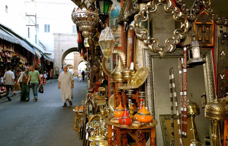 Colorful markets and streets of Marrakech on the 23 Days Morocco, Egypt, Jordan, and Dubai Tour.