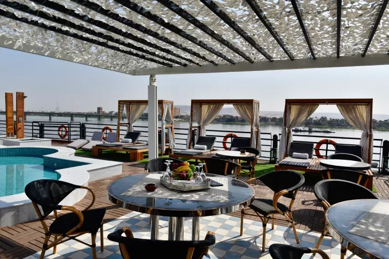 Dining aboard MS Mayflower Nile Cruise – gourmet buffet served with Nile vistas